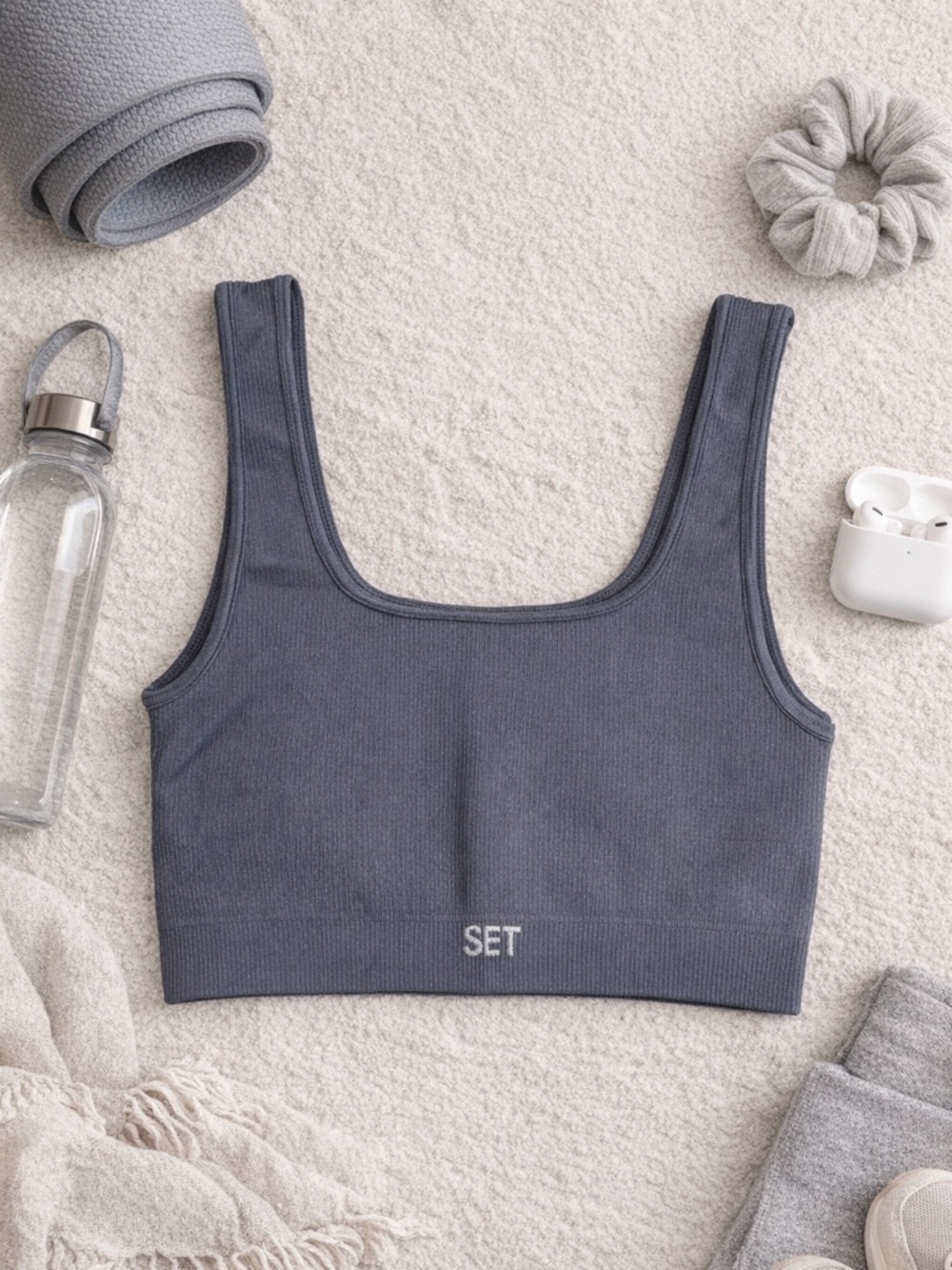 SET Active Ribbed Sports Bra Crop Tank Gray Seamless Yoga Gym Small